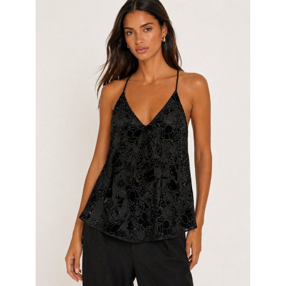 Lucky Brand Beaded Floral Semi Sheer Halter Tank Top Black NWT Size Large